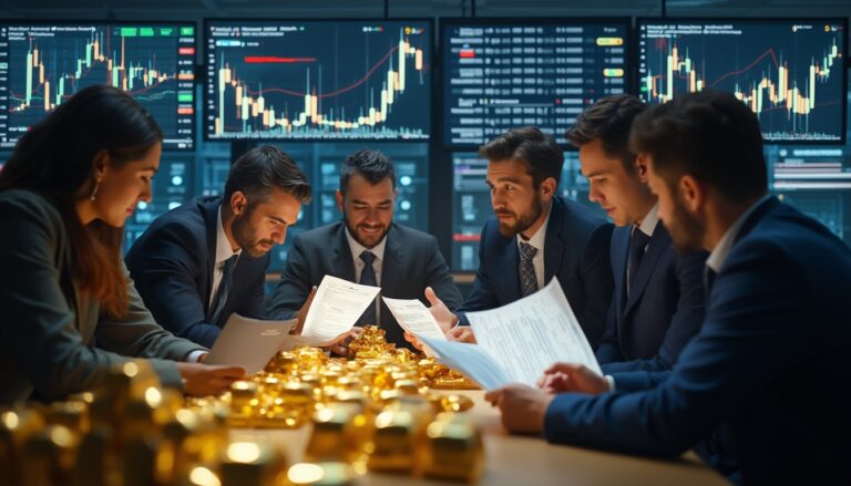 Business meeting with charts and gold bars, people reviewing documents at a table.