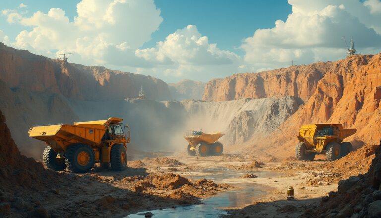 Three large yellow dump trucks in a dusty quarry under a blue sky with fluffy clouds.