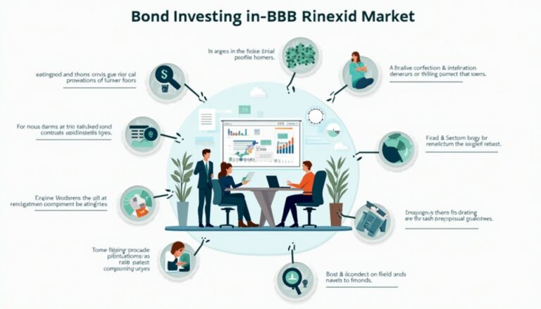 Illustrated infographic on bond investing with abstract icons and people analyzing charts.