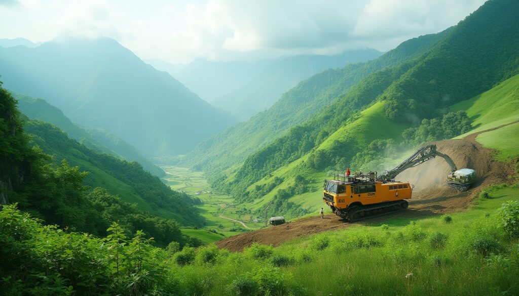 Excavator working on a lush green hillside with mountains in the background.