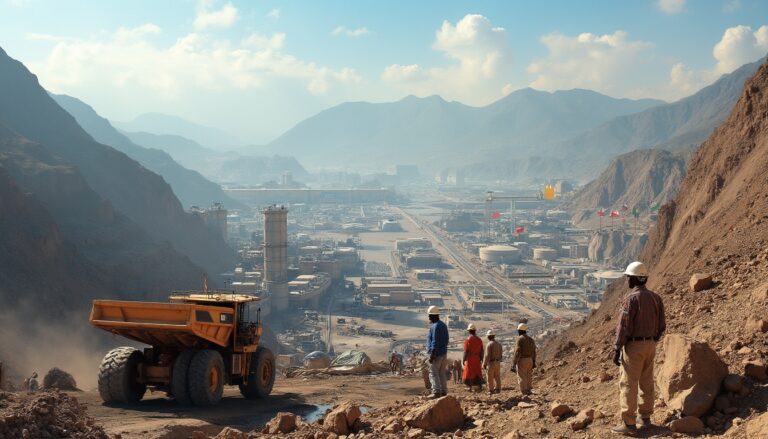 Workers in a mountainous construction site overlook a vast industrial complex with dump truck nearby.