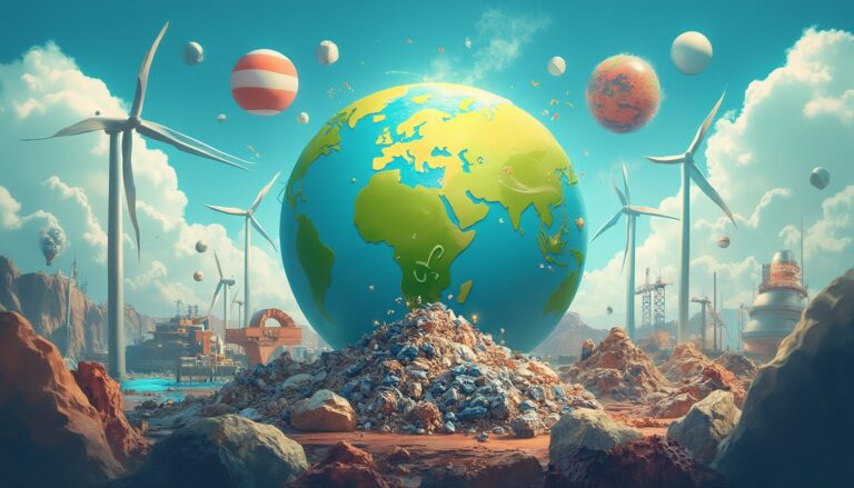 Globe on trash pile, surrounded by wind turbines and floating planets, in a surreal landscape.