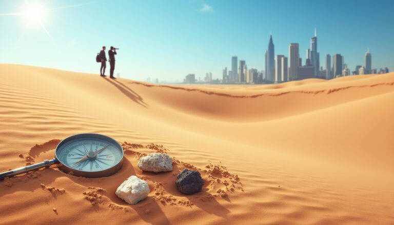 Compass and rocks in sandy desert with city skyline in the distance. Two people stand on a dune.