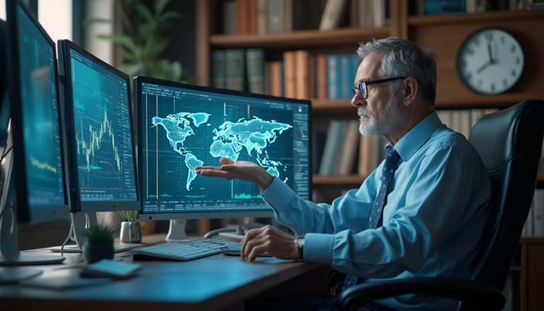 Man analyzing data on monitors displaying world maps and graphs in an office.