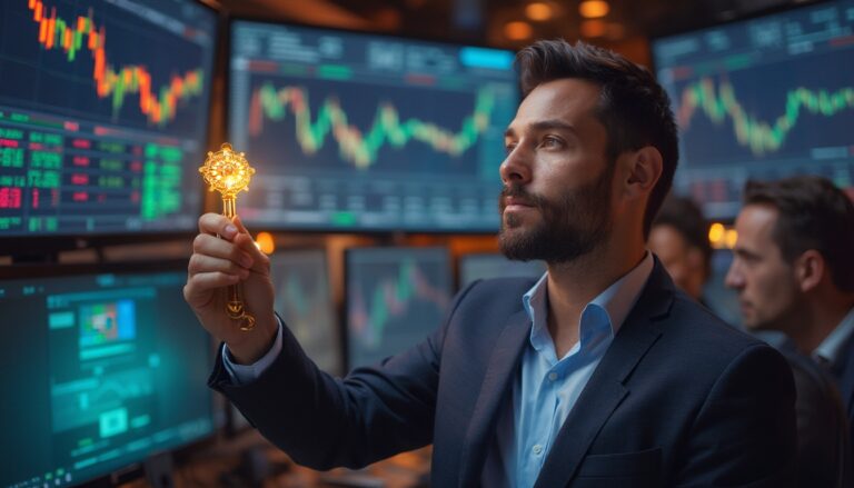 Man in suit holds a glowing key in front of stock market monitors.