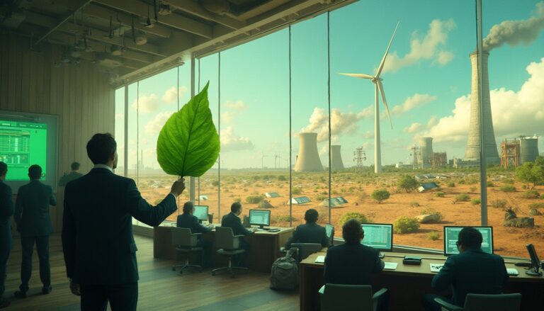 Person in office holding a large leaf, overlooking wind turbines and industrial landscape outside.