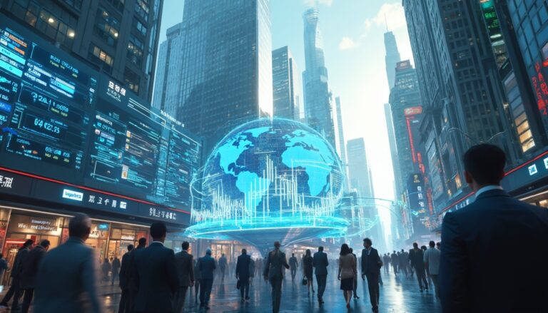 Futuristic cityscape with digital screens, holographic globe, and people in business attire.