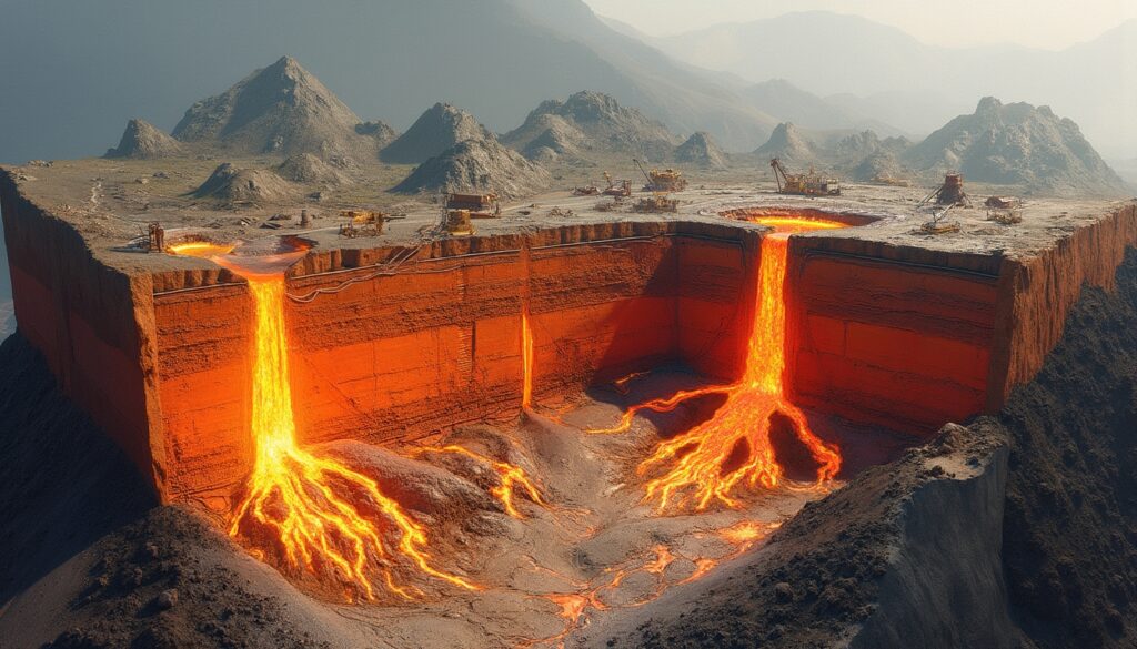 Lava flows through a perfectly cut landscape, resembling a sectioned volcanic mountain.