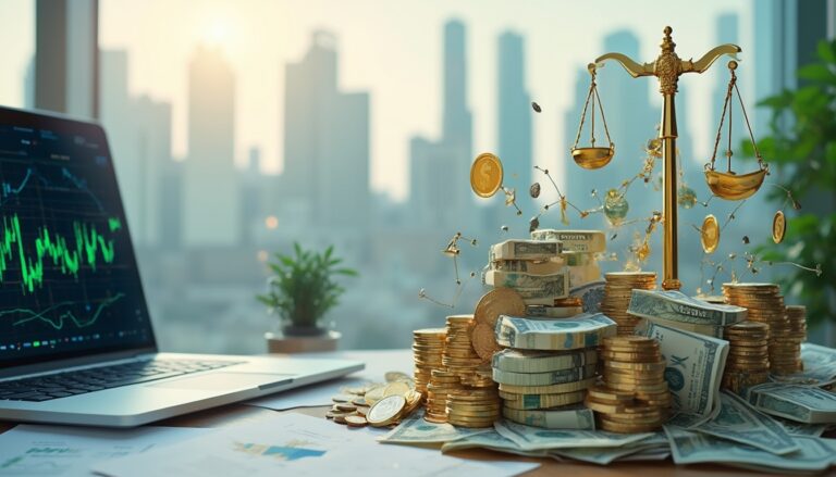 Laptop with stock chart, gold coins, dollar bills, and scales on desk in bright office setting.