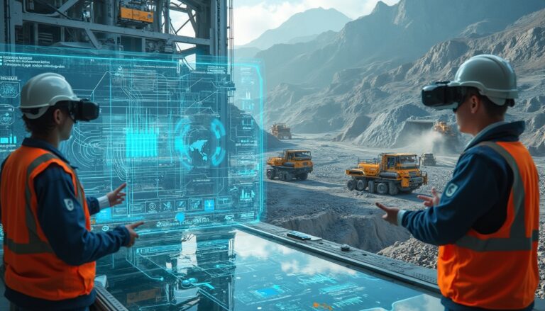 Workers using augmented reality to oversee mining operations in a rugged, mountainous terrain.