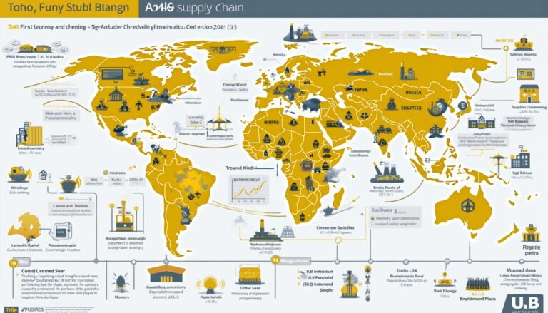 World map illustrating a fictional supply chain with icons and text across continents.