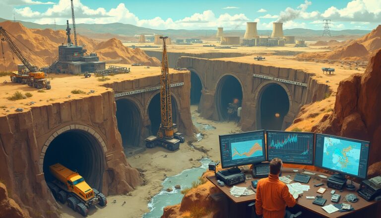 Desert construction site with tunnels, cranes, and a man at a control desk with three monitors.