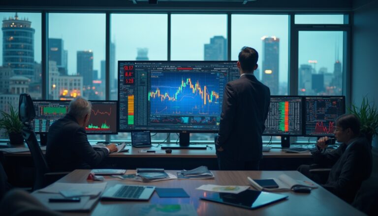 Professionals analyzing financial data on large screens in a modern office with city view.