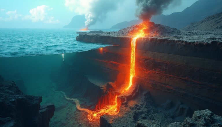 Lava flowing into the ocean from a volcano, creating smoke and steam.