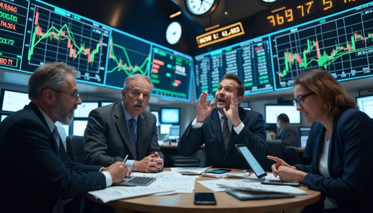 People discussing stock charts in a bustling trading room.