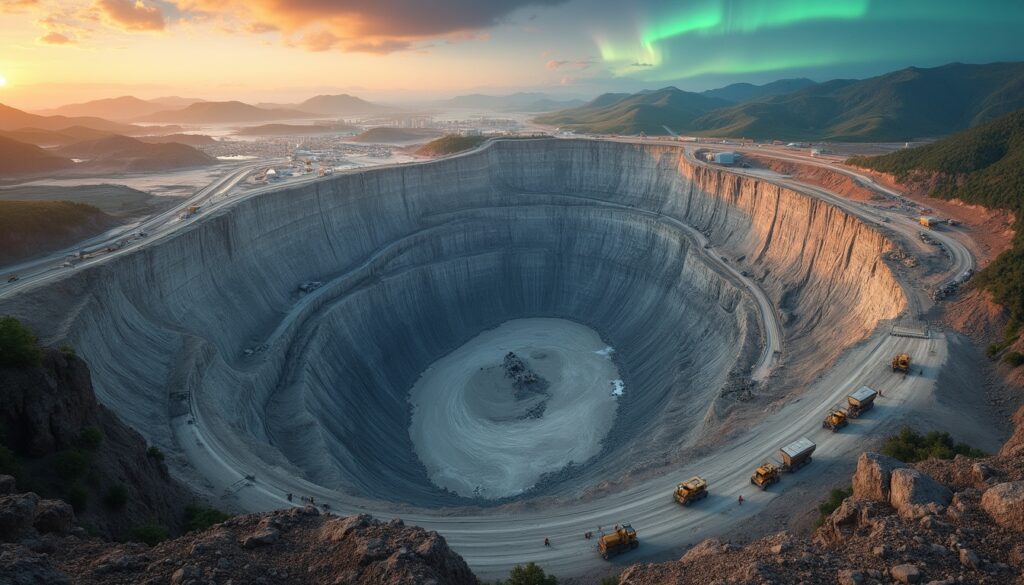 Large open-pit mine at sunset with northern lights in the sky, surrounded by mountains.