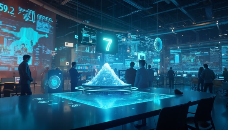 People in a futuristic control room with holographic displays and glowing blue data visuals.