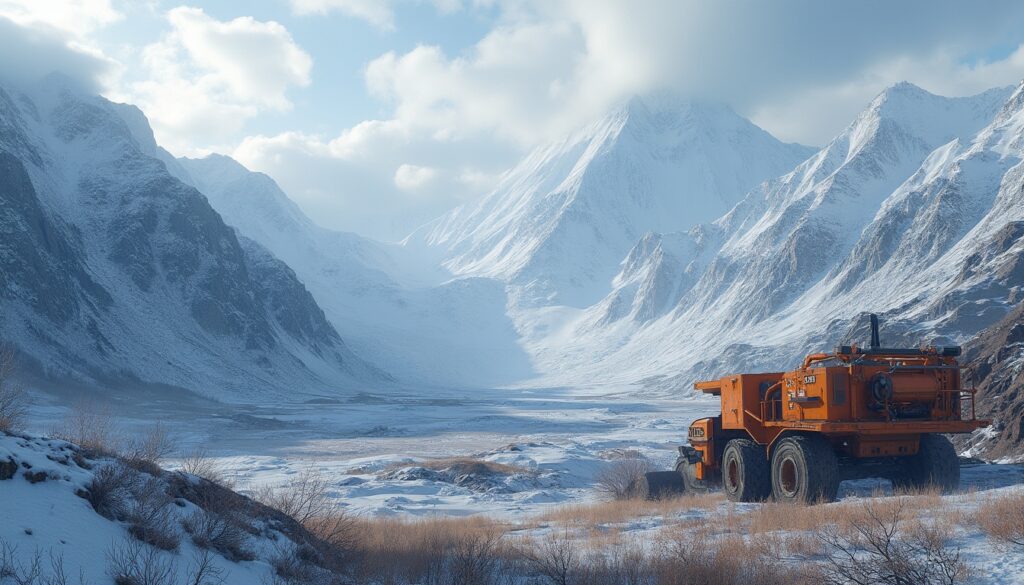 Orange truck in a snowy mountain landscape with cloudy skies and rugged peaks in the background.