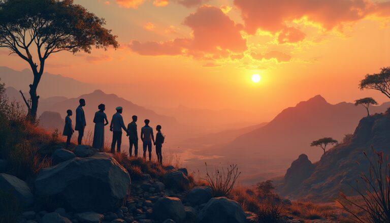 Silhouetted people on a hill admire a vivid sunset over a mountainous landscape.