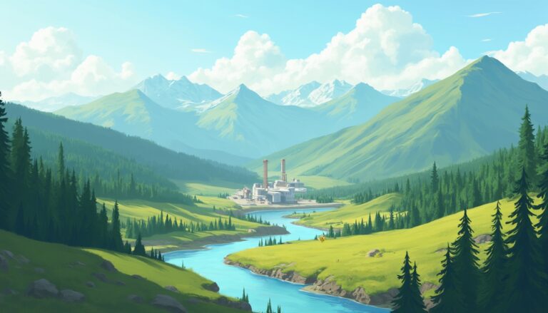 Scenic valley with river, surrounded by green mountains and a factory in the distance.