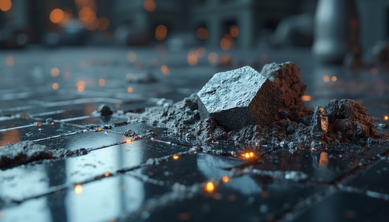 Rubble on a wet tiled floor with glowing orange lights in the background.