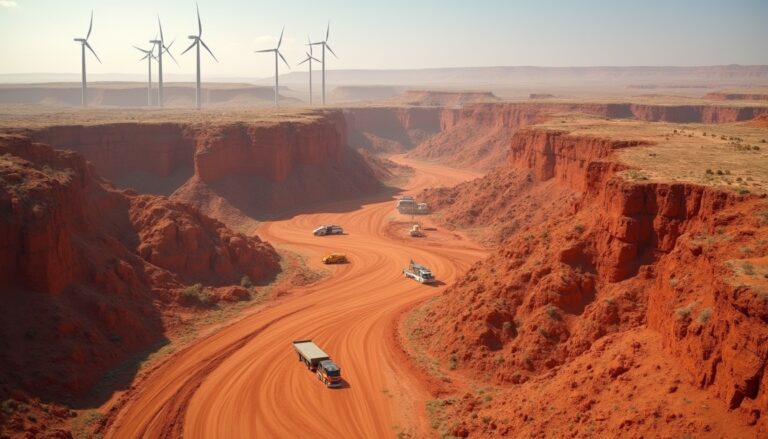 Red canyon landscape with vehicles on winding dirt road, wind turbines visible in the background.