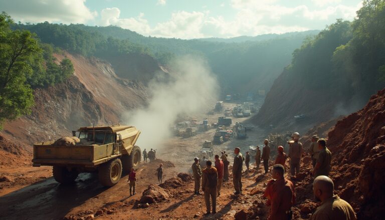 Mining site with trucks in a valley, people wearing helmets watching, surrounded by green hills.