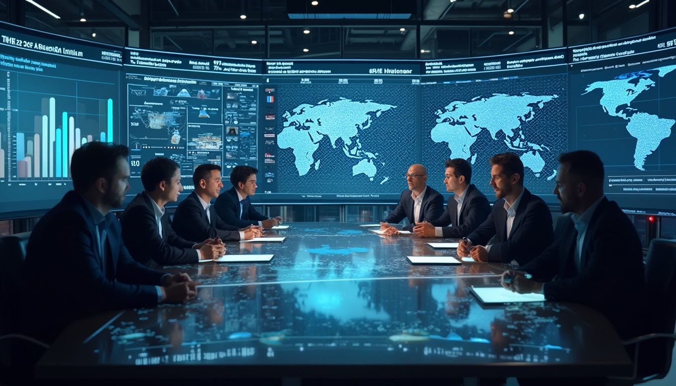 Business meeting with world maps and data charts on large screens in a modern conference room.