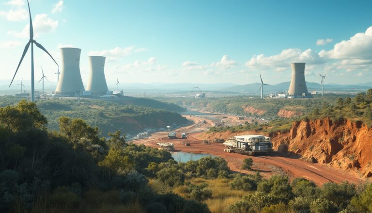 Landscape with wind turbines, cooling towers, excavators, red earth, and green vegetation under blue sky.