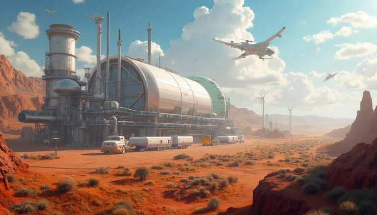 Futuristic desert outpost with wind turbines and flying ships under a cloudy sky.