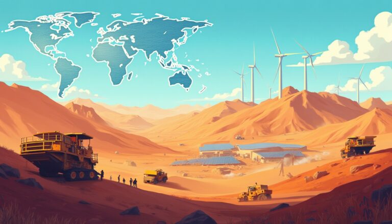 Desert landscape with trucks, solar panels, wind turbines, and a world map overlay.