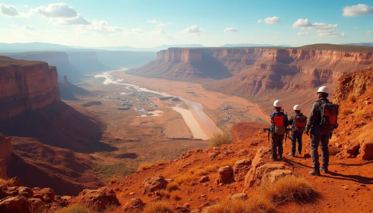 Three hikers in helmets admire a vast canyon landscape under a clear sky.