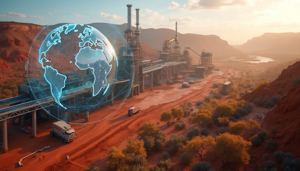 Desert mining facility with digital globe overlay, red earth and distant mountains at sunset.