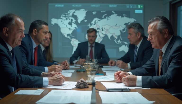 Boardroom meeting with executives discussing, world map displayed in the background.