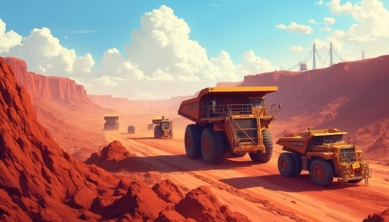 Mining trucks on a dusty desert road under a bright sky with scattered clouds.