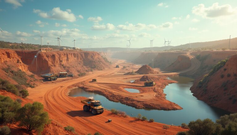 Open-pit mine with trucks, red earth, and wind turbines under a cloudy sky.