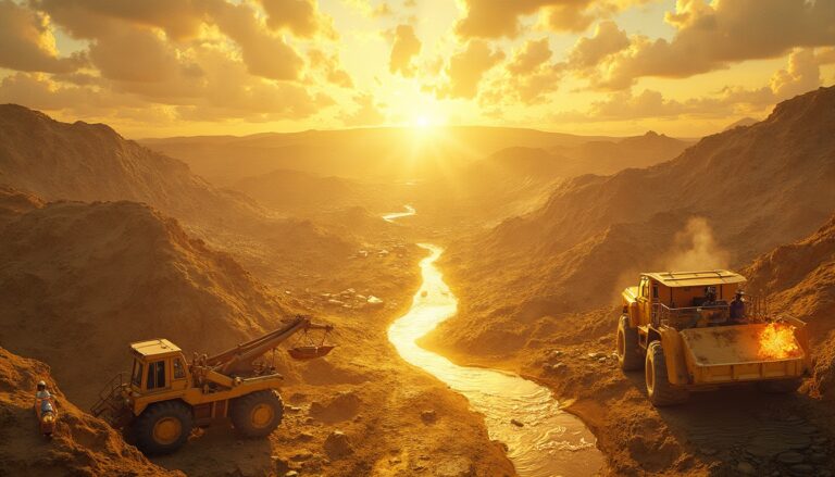 Sunset over a rugged valley with construction vehicles and a winding river.