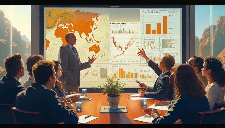 Business meeting with charts and graphics displayed on a screen in a conference room.