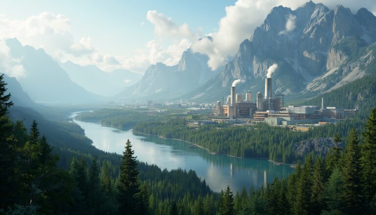 A factory emits smoke near a tranquil river, surrounded by pine forests and towering mountains.