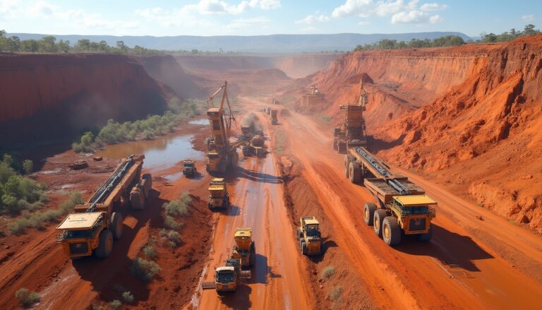 Heavy machinery operates in a large, open-pit mine with red earth and clear skies.