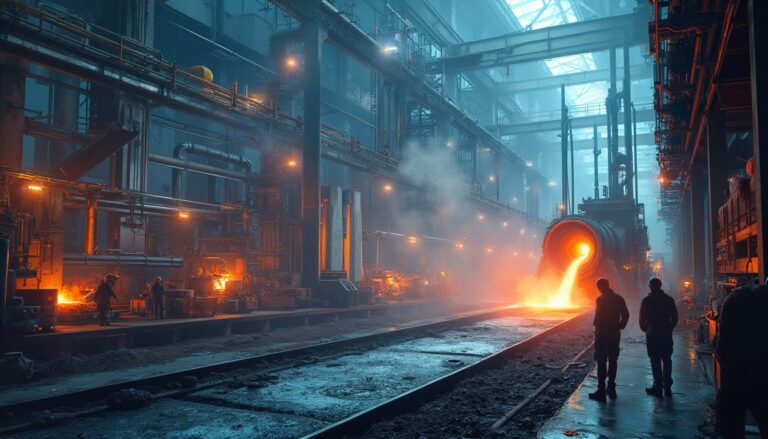 Molten steel pouring in a dimly lit industrial factory setting with workers nearby.