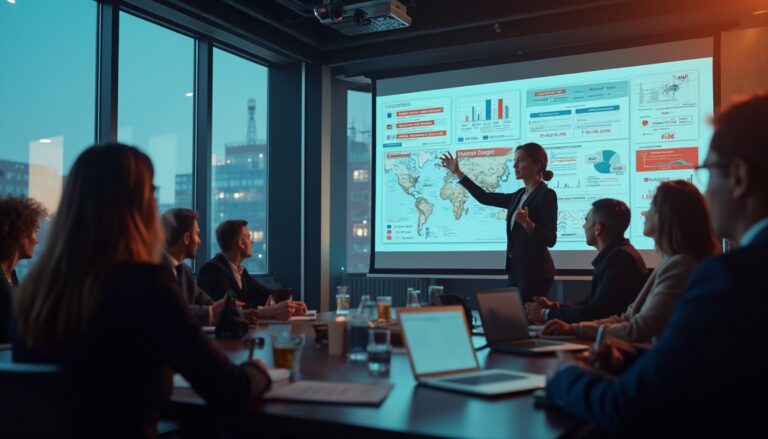 Person presenting data on a screen to a group in a modern conference room.