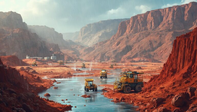 Red desert landscape with rain and construction vehicles near a reflective water surface.