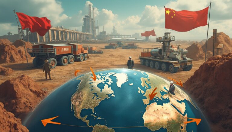 Construction site with trucks, flags, and a globe depicting global trade with orange arrows.