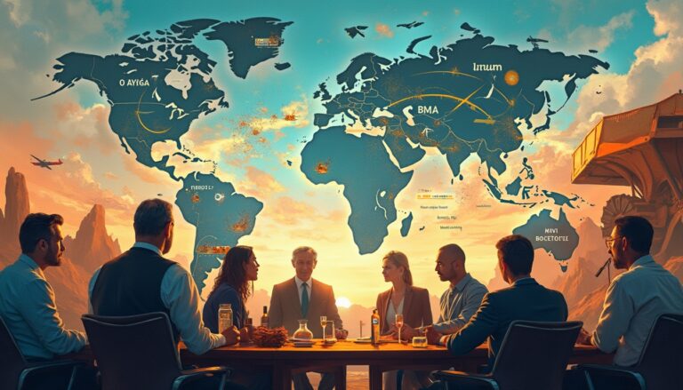 Group meeting at a table with a world map background at sunset.