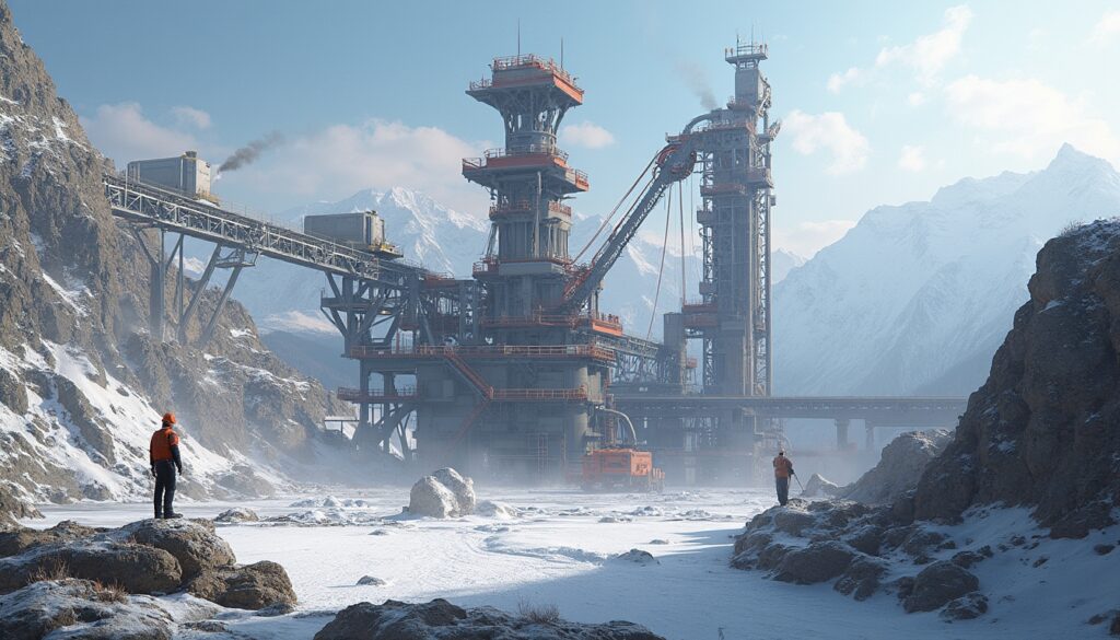 Industrial facility in snowy mountains, two figures in orange safety gear, smoke rising from stacks.