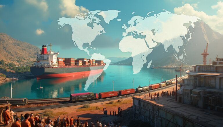 Cargo ship with containers at port, overlaid world map, mountains and people nearby.