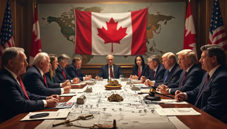 People in suits having a meeting at a long table with a Canadian flag and world map on the wall.