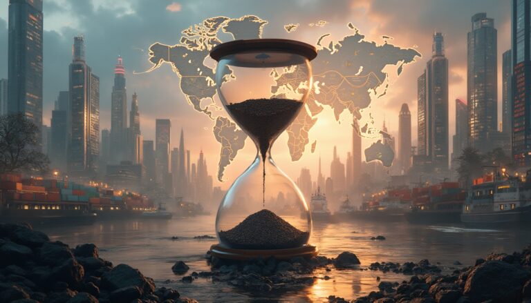 Hourglass with world map over futuristic cityscape and shipping containers, symbolizing time's passage.