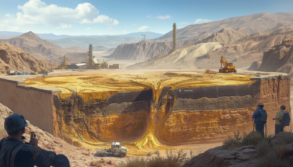 Futuristic underground mining with cutaway view revealing colorful mineral layers and machinery.